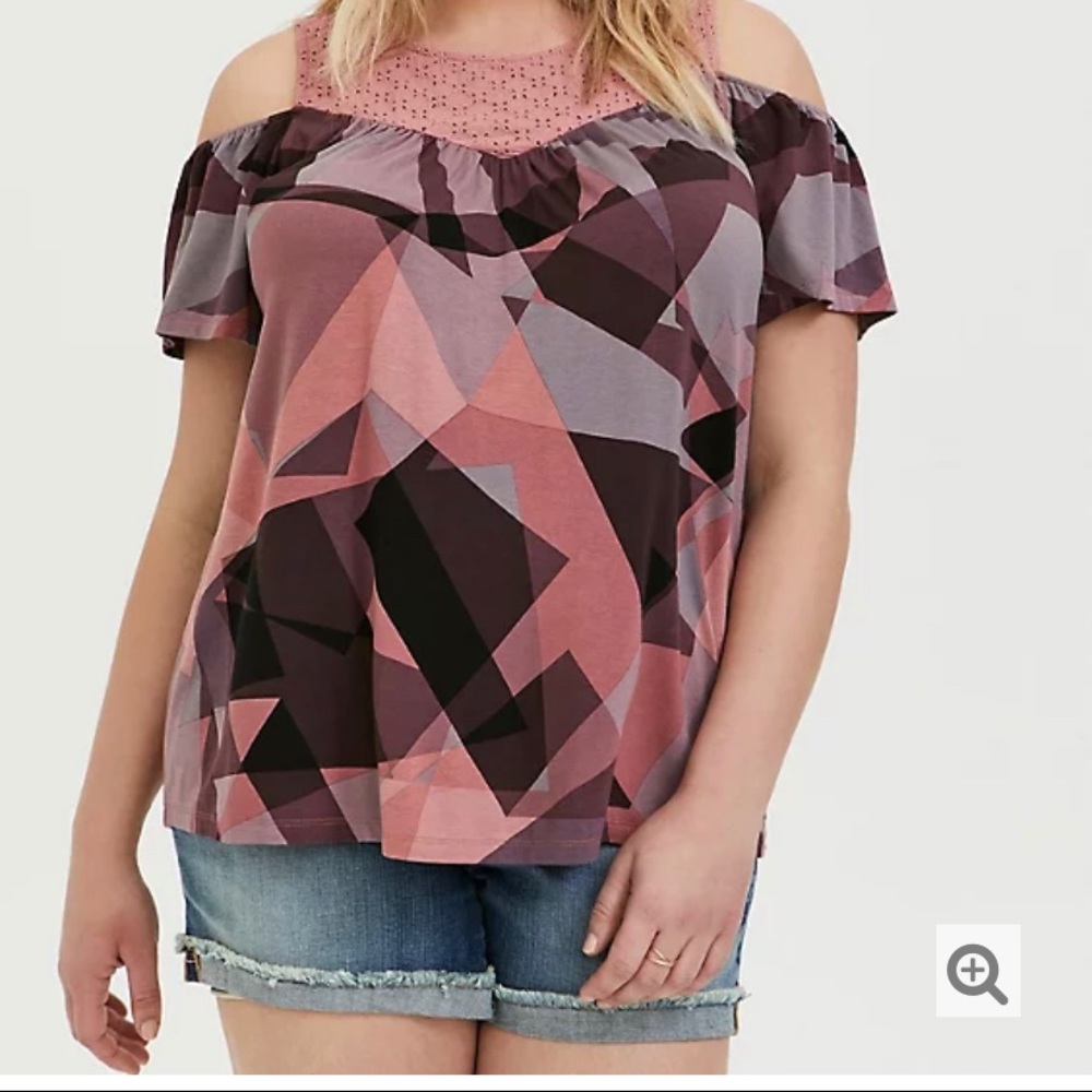 SUPER SOFT PINK GEO & EYELET COLD SHOULDER TOP